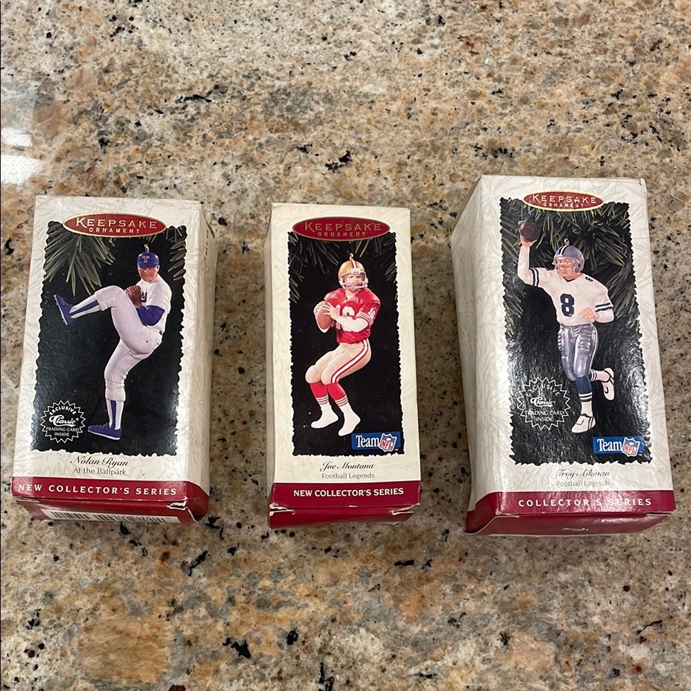 Set of 3 Vintage 90’s Hallmark Keepsake Ornaments MLB NFL Nolan Troy Joe Montana